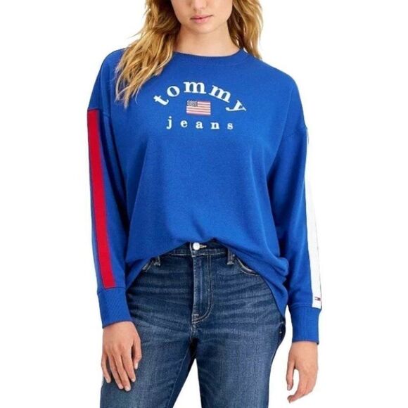 Tommy Hilfiger Tops - Tommy Jeans Women’s S Oversized Logo Sweatshirt Flag Stripe Longline Lounge Red